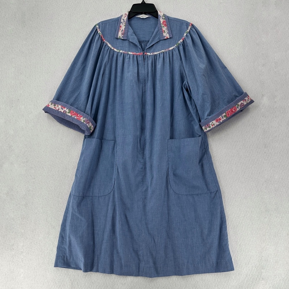 Vtg MODELS COAT House Dress Zip Chambray Pockets‎ Cottagecore Robe Patio MuuMuu